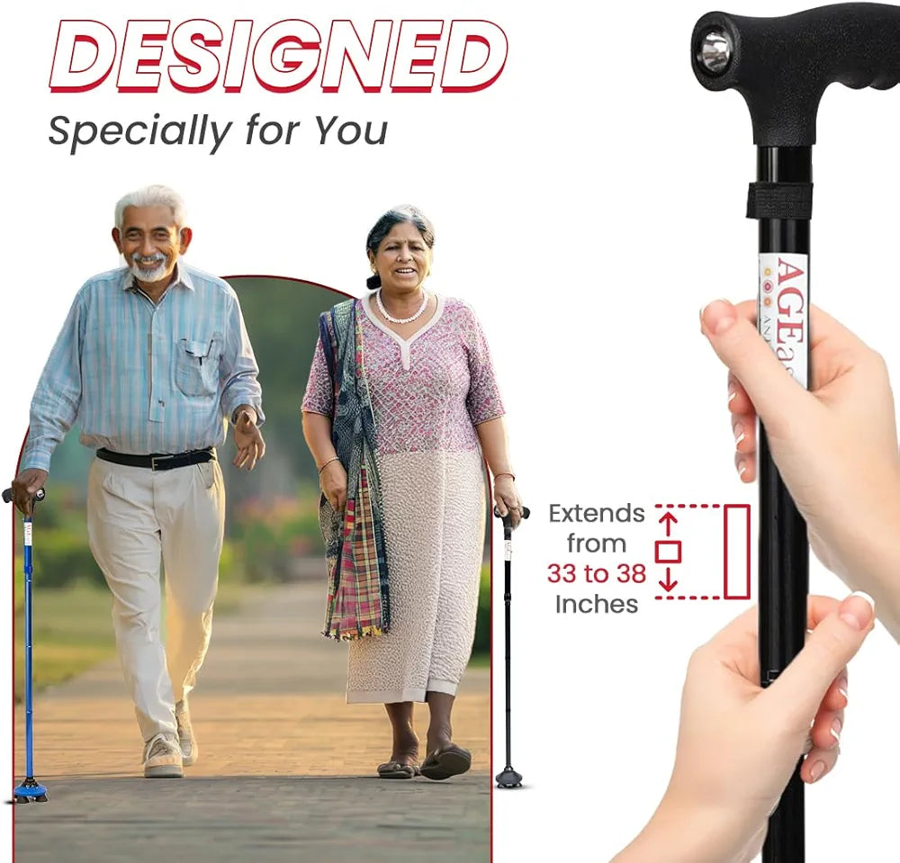 Foldable Walking Stick with 360-Degree Pivoting Quad Base | Adjustable Height, Lightweight Aluminium