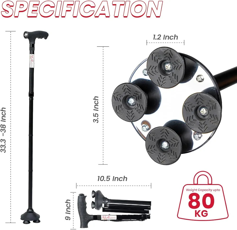 Foldable Walking Stick with 360-Degree Pivoting Quad Base | Adjustable Height, Lightweight Aluminium