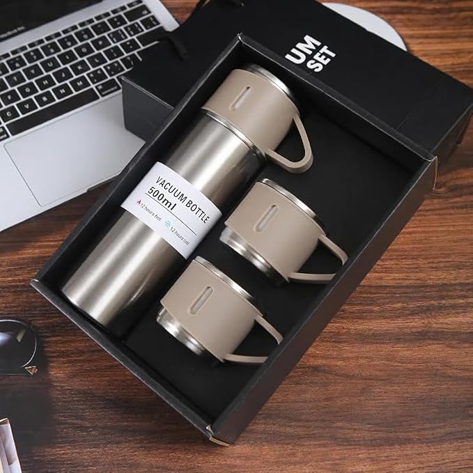 Vacuum Flask Set - Insulated Water Bottle 3 Cups Gift Set