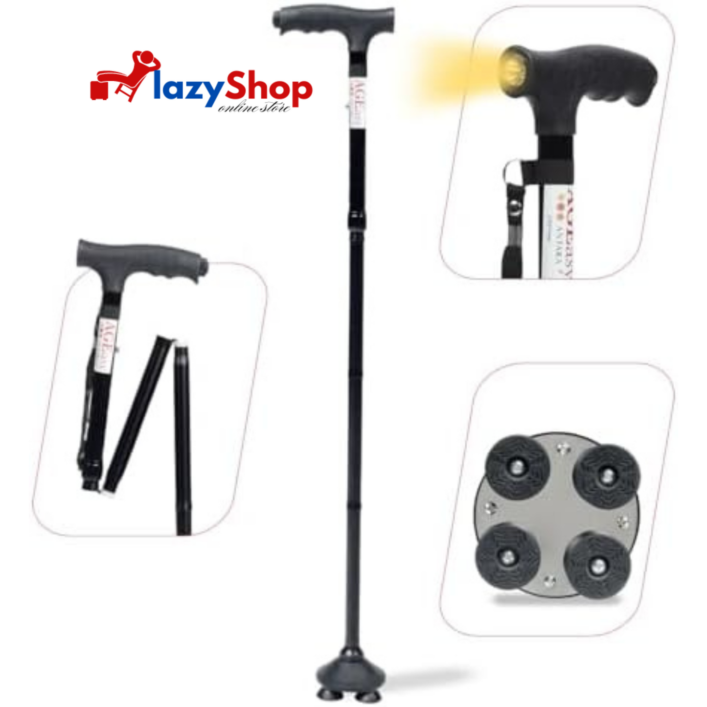 Foldable Walking Stick with 360-Degree Pivoting Quad Base | Adjustable Height, Lightweight Aluminium