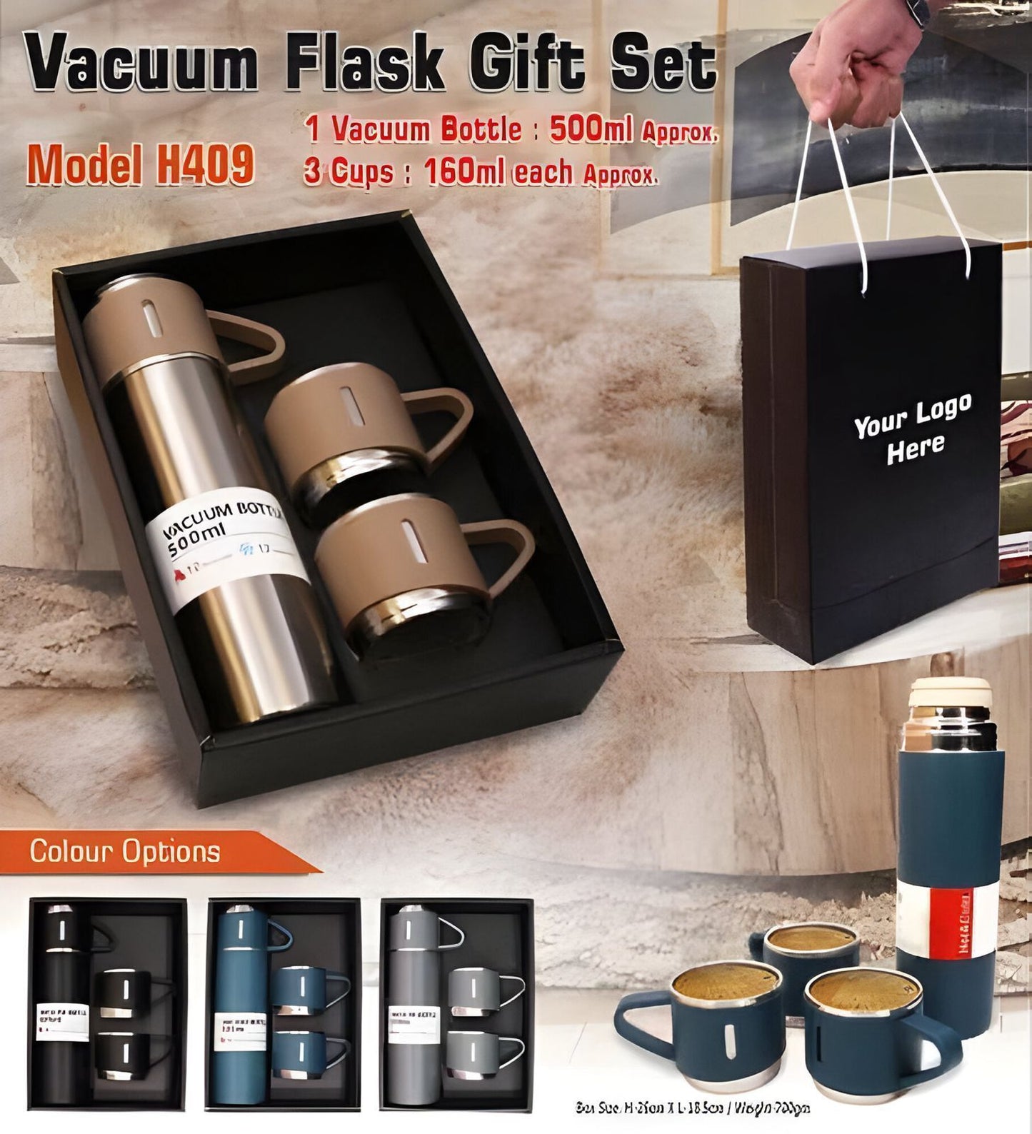 Vacuum Flask Set - Insulated Water Bottle 3 Cups Gift Set