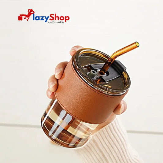 Leather Grip Coffee Cup Sipper Glass with Straw Mug