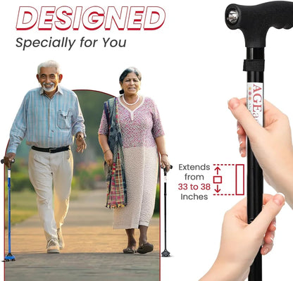 Foldable Walking Stick with 360-Degree Pivoting Quad Base | Adjustable Height, Lightweight Aluminium