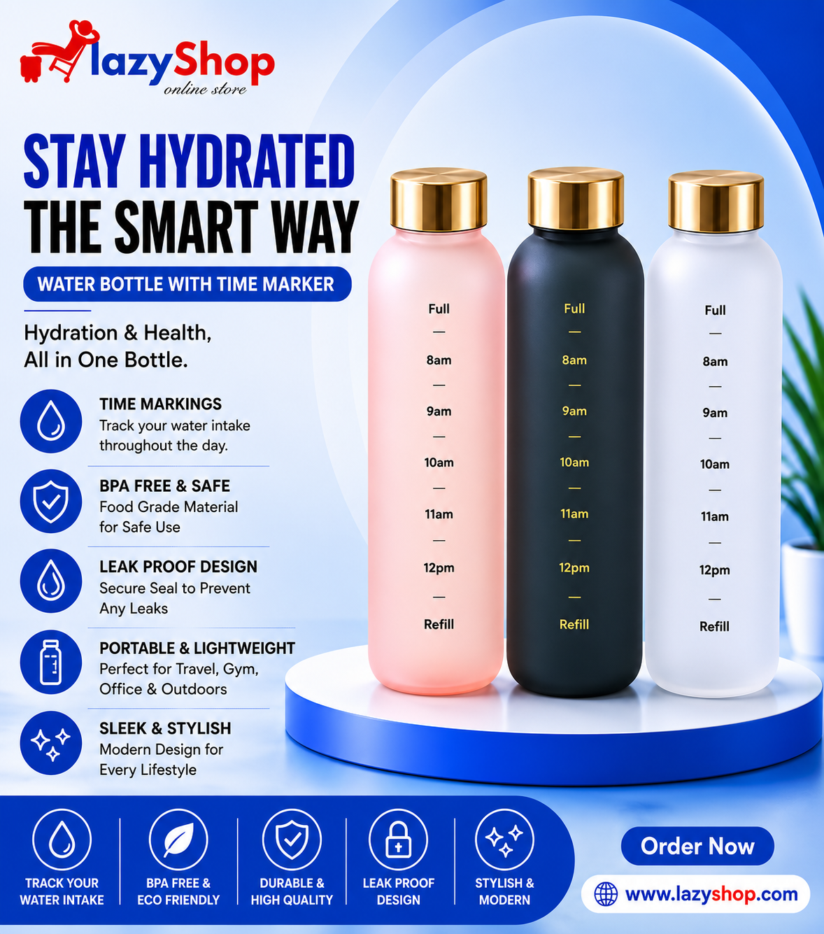 Slim Water Bottle With Time Marker