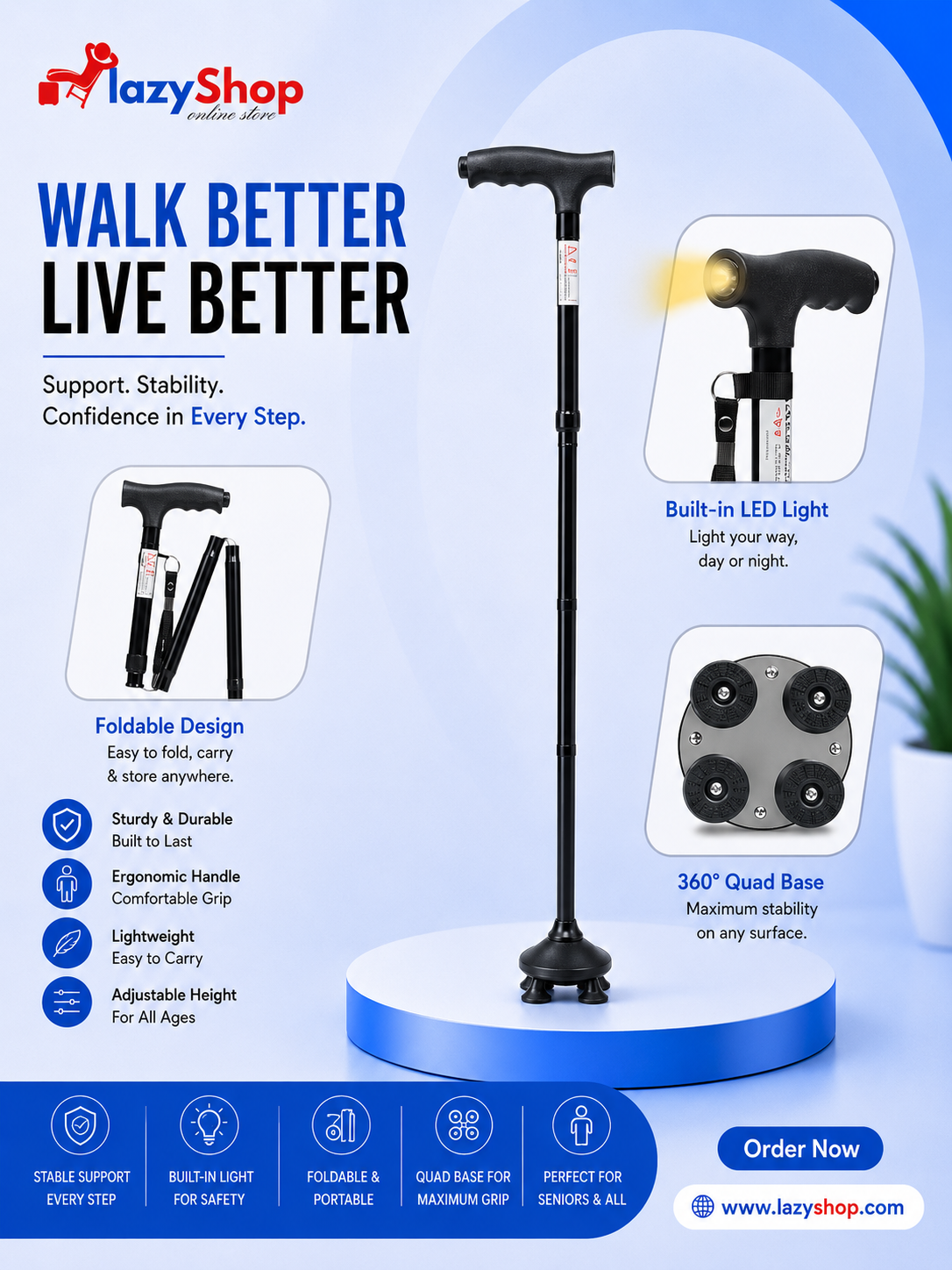 Foldable Walking Stick with 360-Degree Pivoting Quad Base | Adjustable Height, Lightweight Aluminium