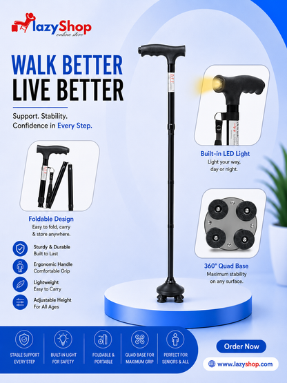 Foldable Walking Stick with 360-Degree Pivoting Quad Base | Adjustable Height, Lightweight Aluminium