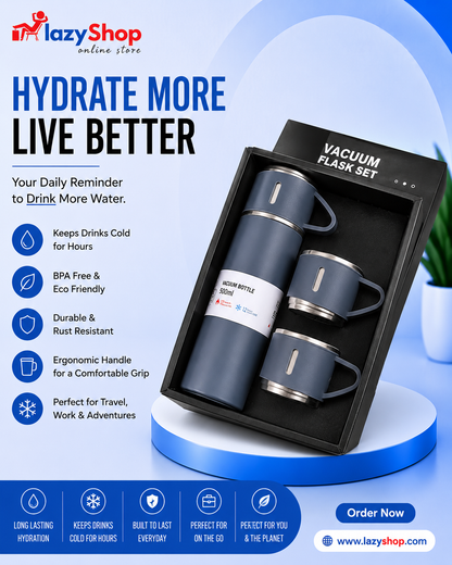 Vacuum Flask Set - Insulated Water Bottle 3 Cups Gift Set